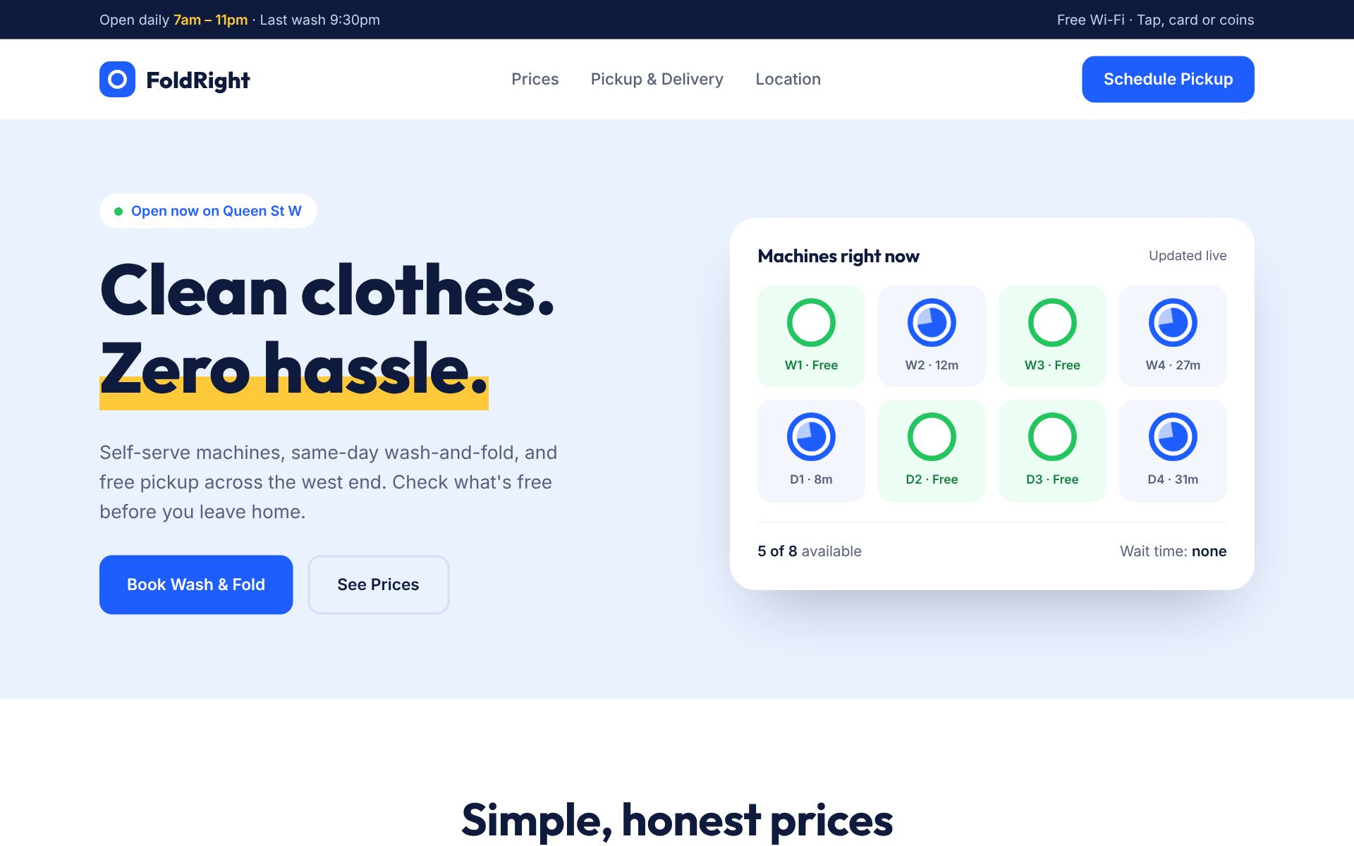 Homepage of FoldRight Laundry, a laundromat concept site