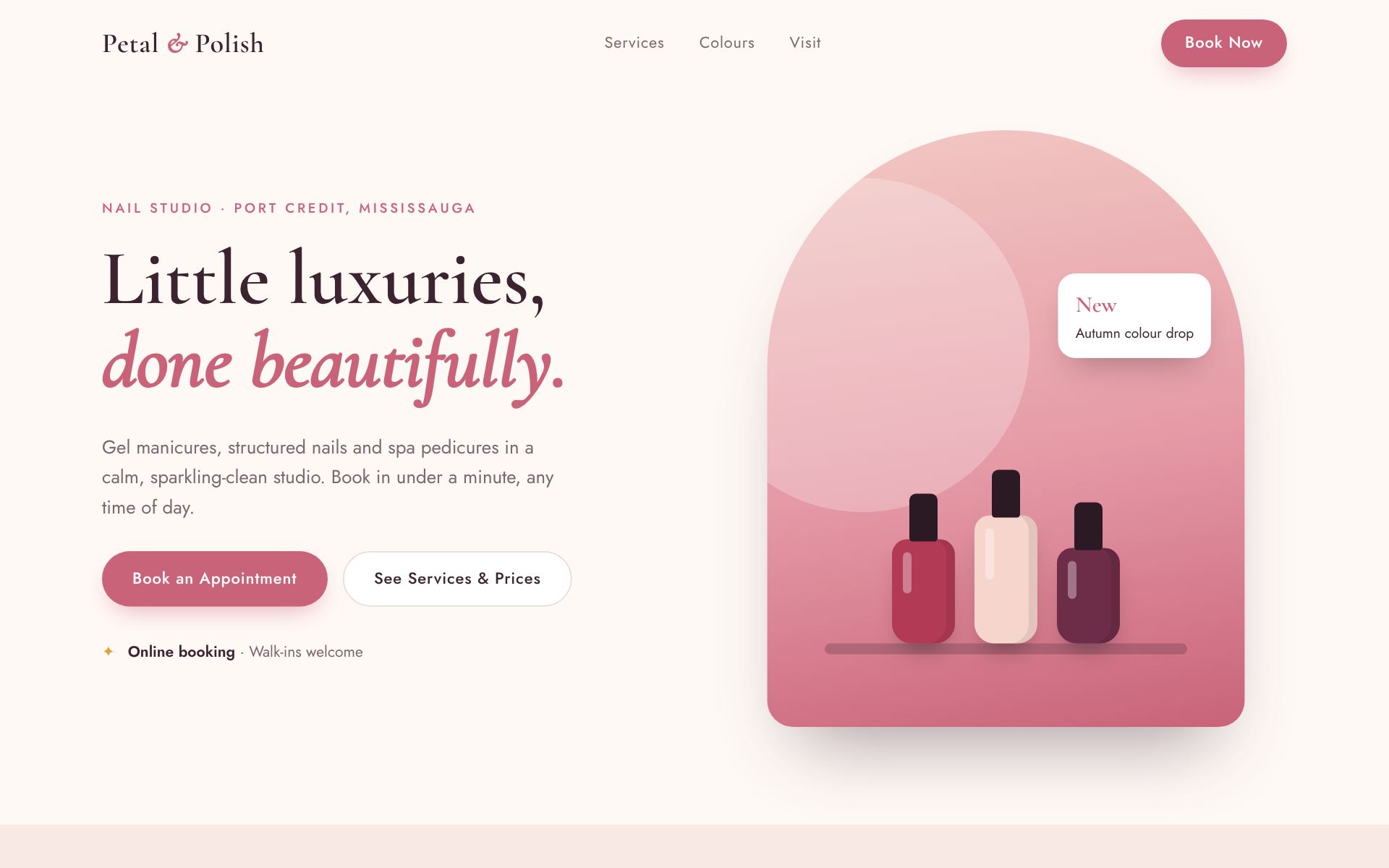 Homepage of Petal & Polish, a nail studio concept site